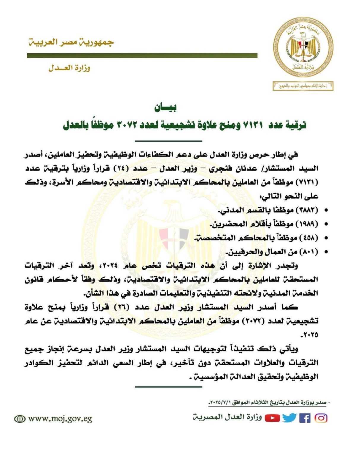 وزارة العدل: ترقية عدد ٧١٣١ ومنح علاوة تشجيعية لعدد ٣٠٧٢ موظفًا 