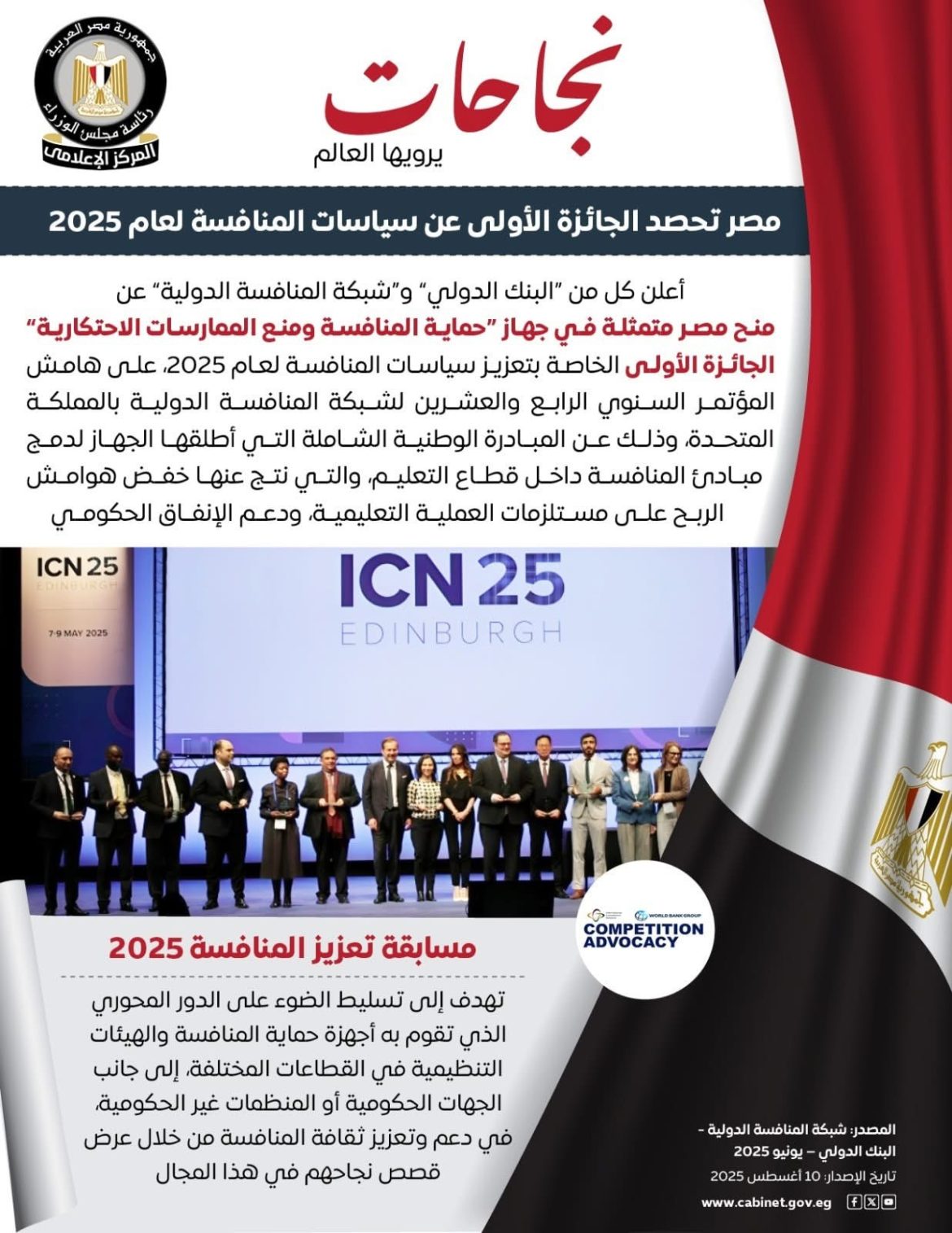 مجلس الوزراء: مصر تحصد الجائرة الأولى عن سياسات المنافسة لعام 2025